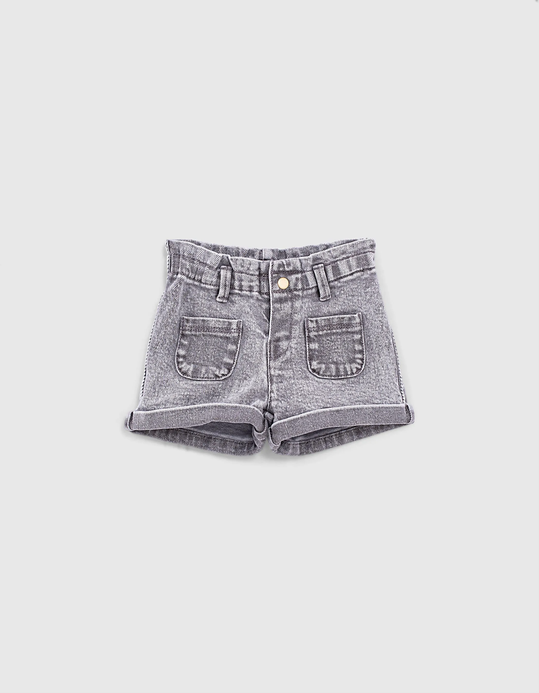 Baby girl light grey denim shorts with ethnic trimmings.