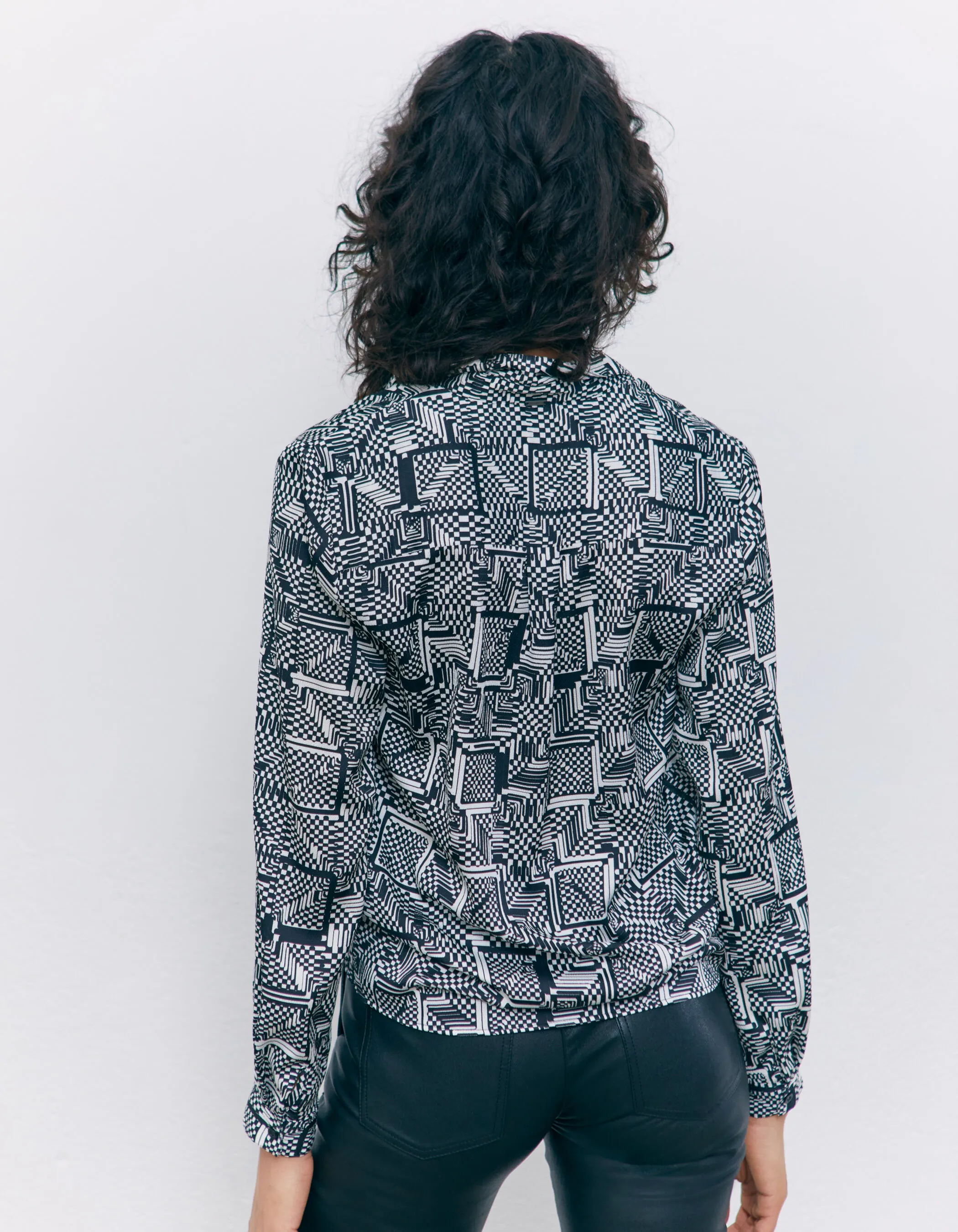 Black checkerboard print women's shirt