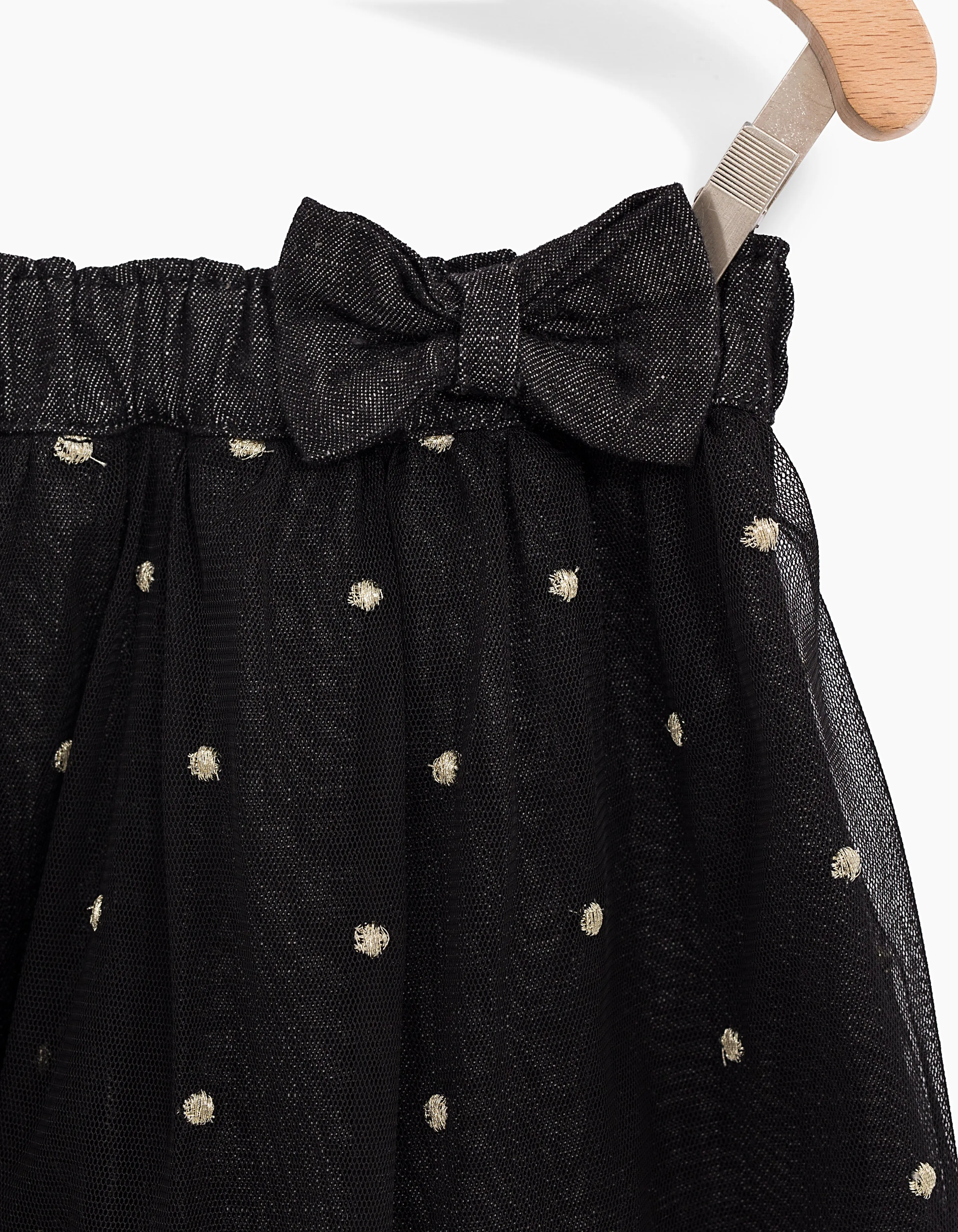 Black denim skirt with embroidered tulle for girls.
