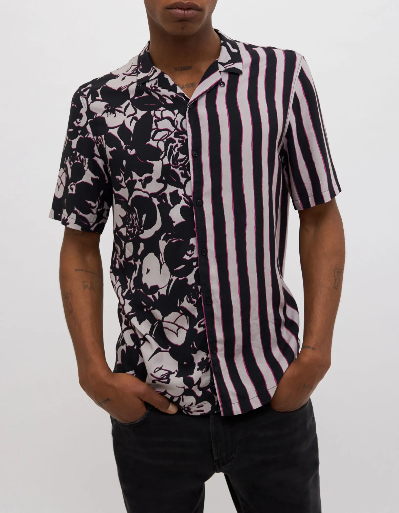 Black Floral and Striped Regular Shirt for Men