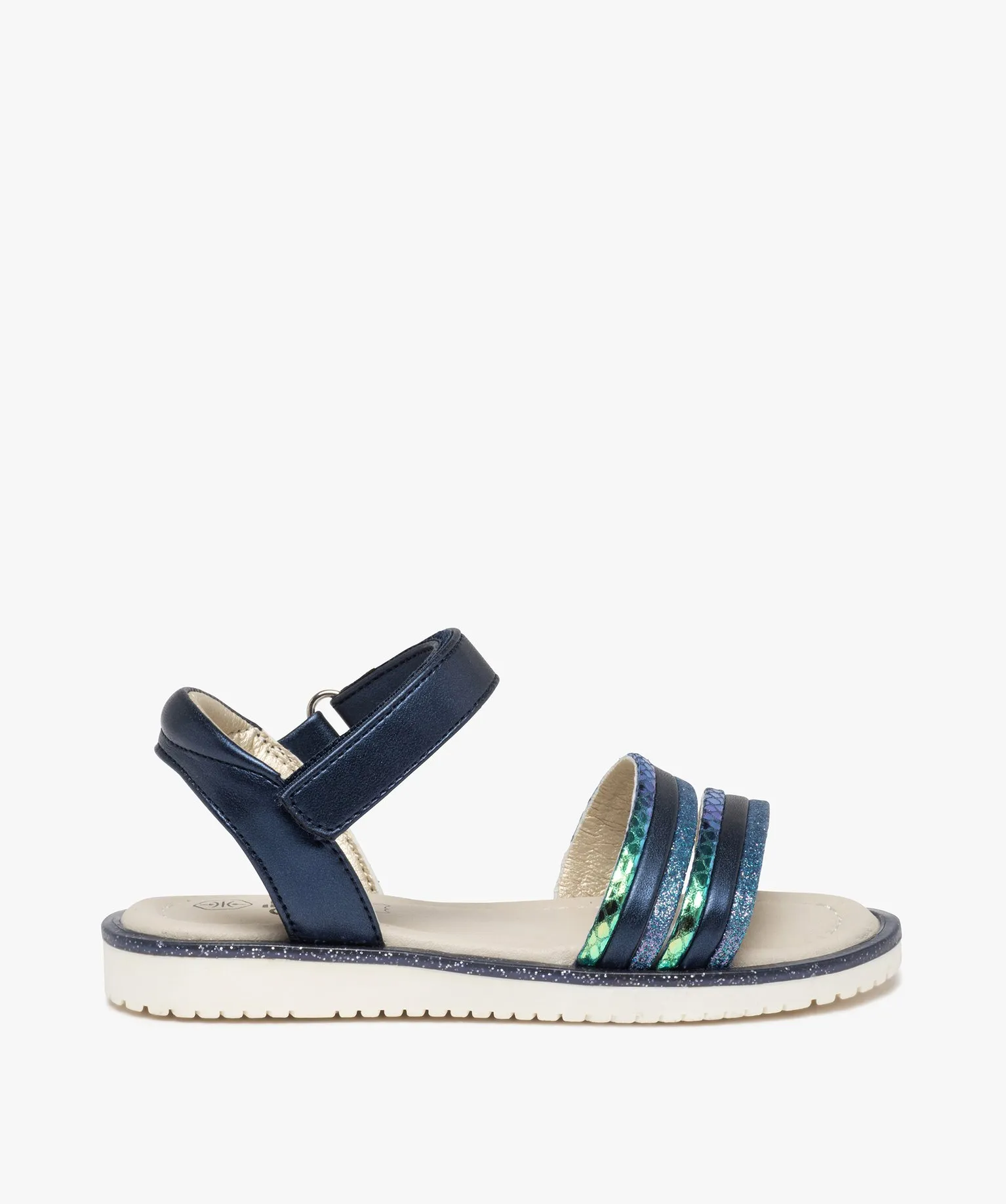 blue glittery sandals with shiny straps for girls and open-toe sandals