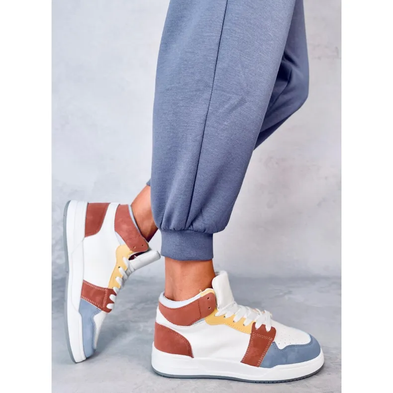 Blue high top Clowsi white sneakers.