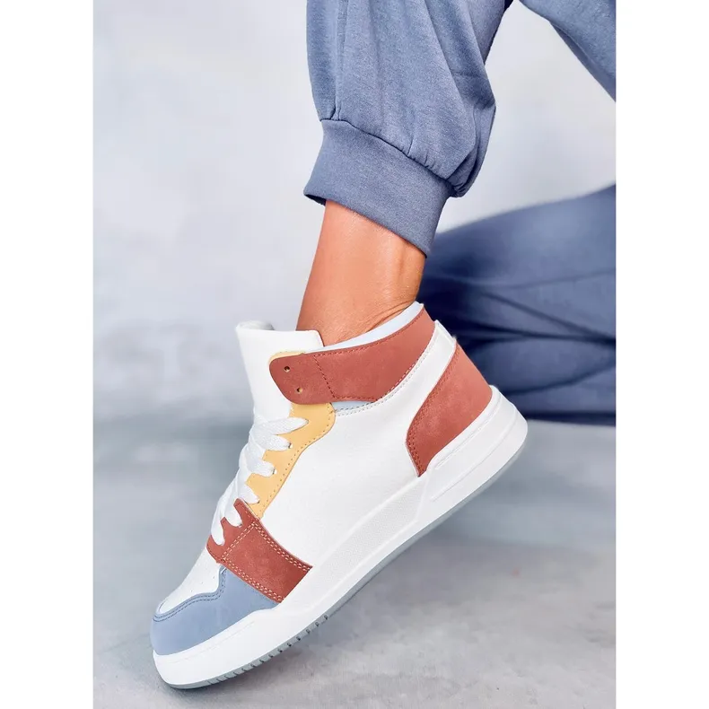 Blue high top Clowsi white sneakers.