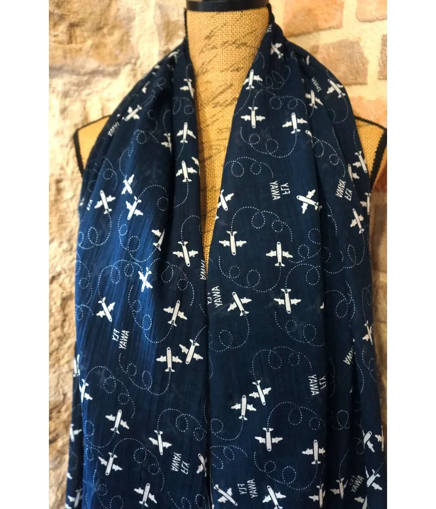 Blue Navy Airplane Pilot Stewardess Traveler Patterned Silk Scarf by Santaia.