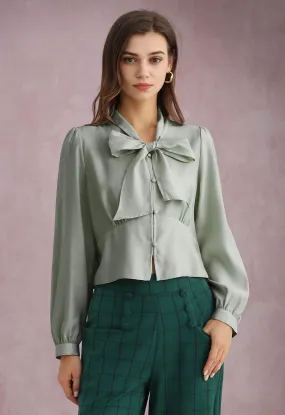Sage Buttoned Short Shirt with Bow Collar