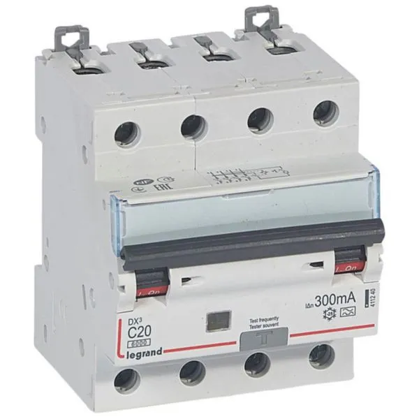 Disjoncteur différentiel monobloc DX³6000 10kA arrivée haute et départ bas à vis 4P 400V~ - 20A - typeA 300mA - LEGRAND