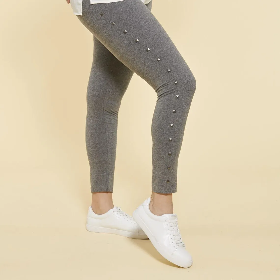 Elastic Waist Leggings with Side Pin Tucks Women's Plus Size - Charcoal Gray Heather
