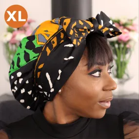 Extra Large Turban - Satin Bonnet - Green Bogolan