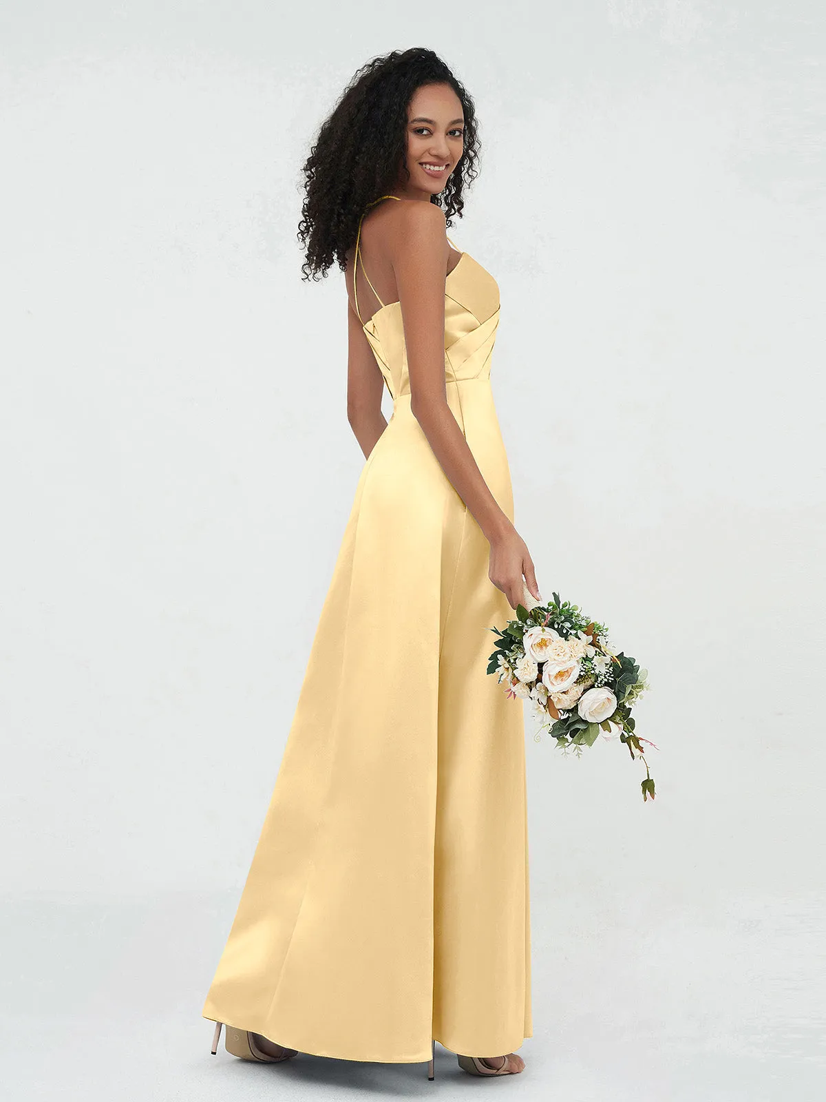 Gold Satin Spaghetti Straps Pleated Bodice Dresses