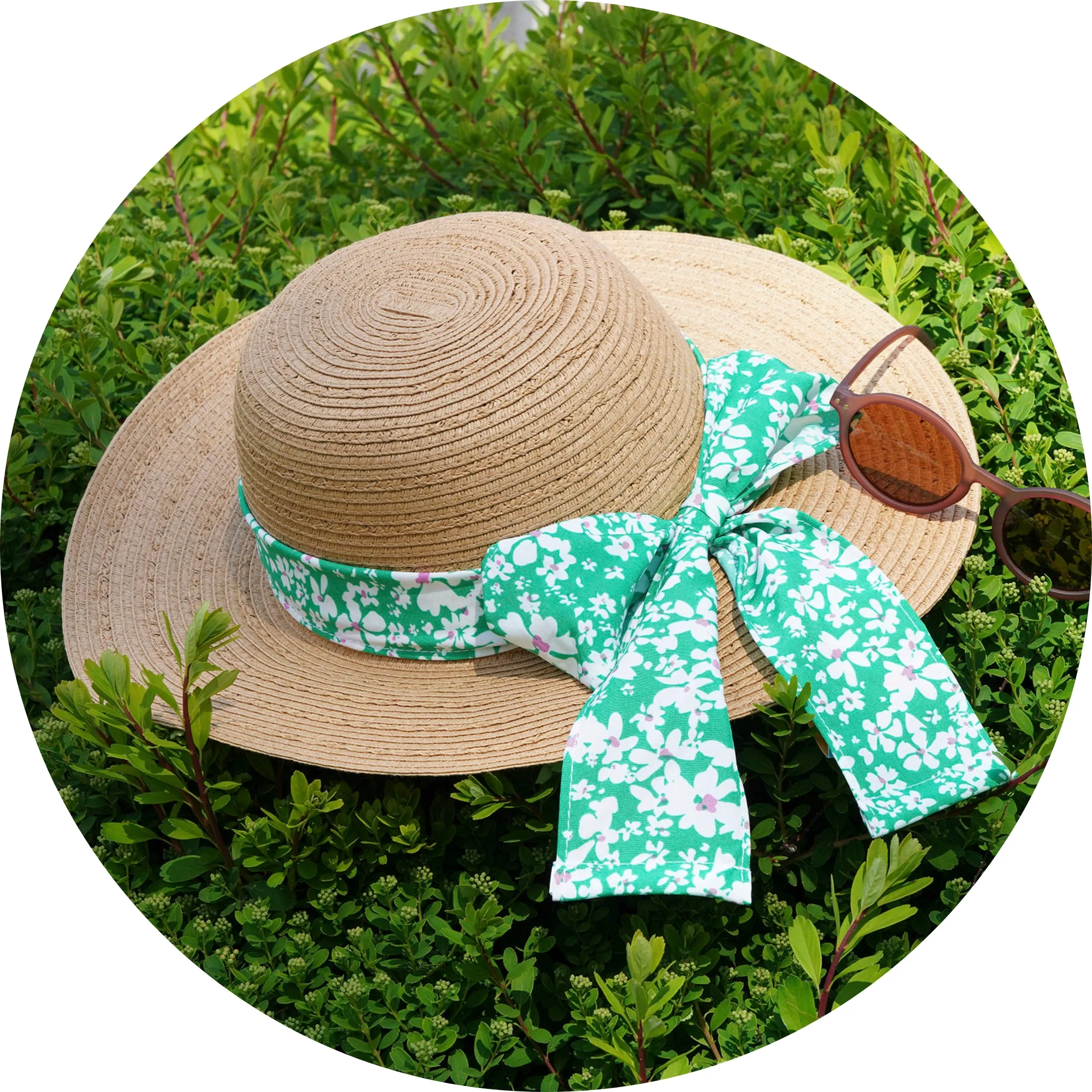 Green Floral Women's Sun Hat with Scarf Bow