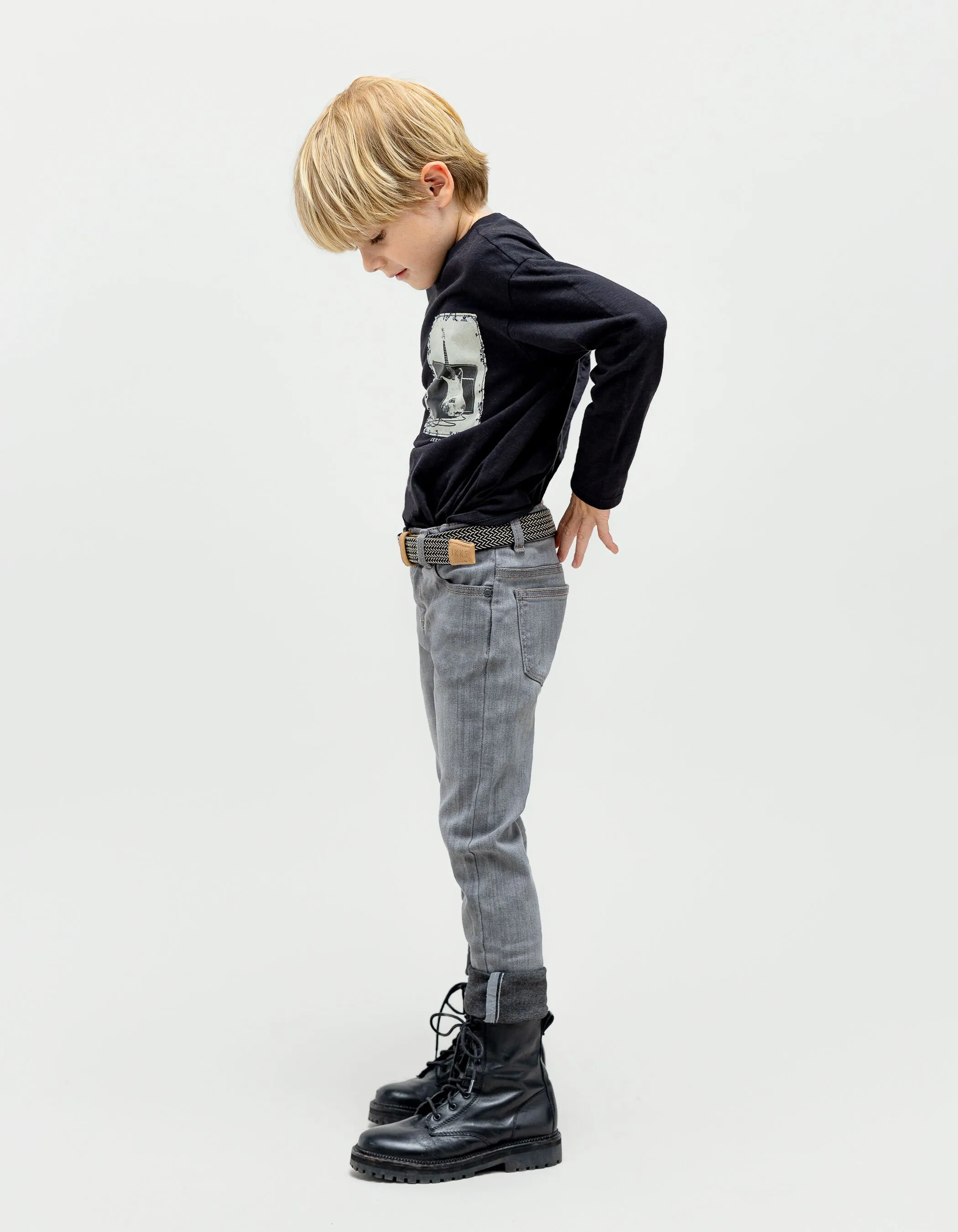 Grey slim fit jeans with braided belt for boys