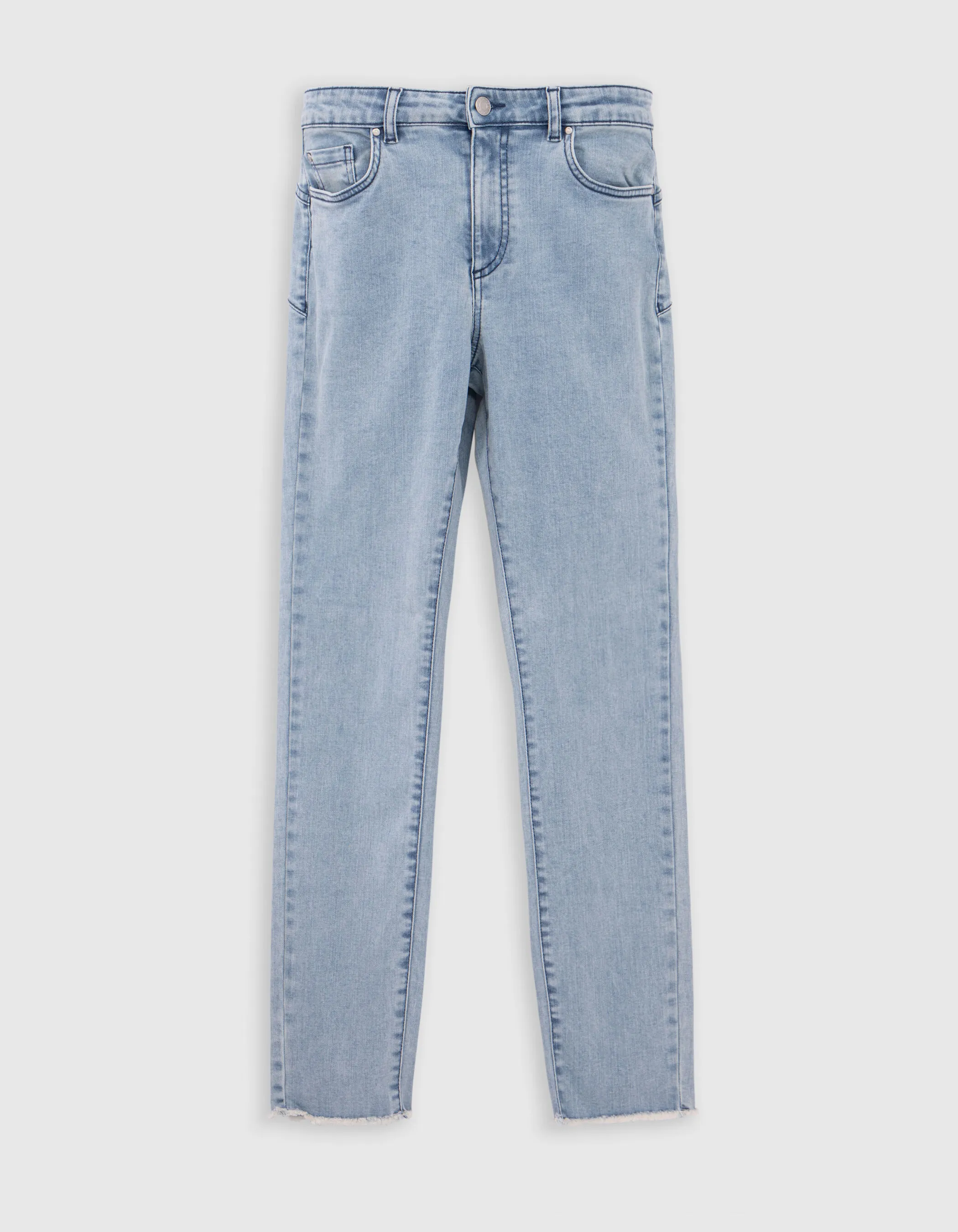 Light Blue High Waisted Waterless Straight Leg Jeans with Fringed Hem for Women