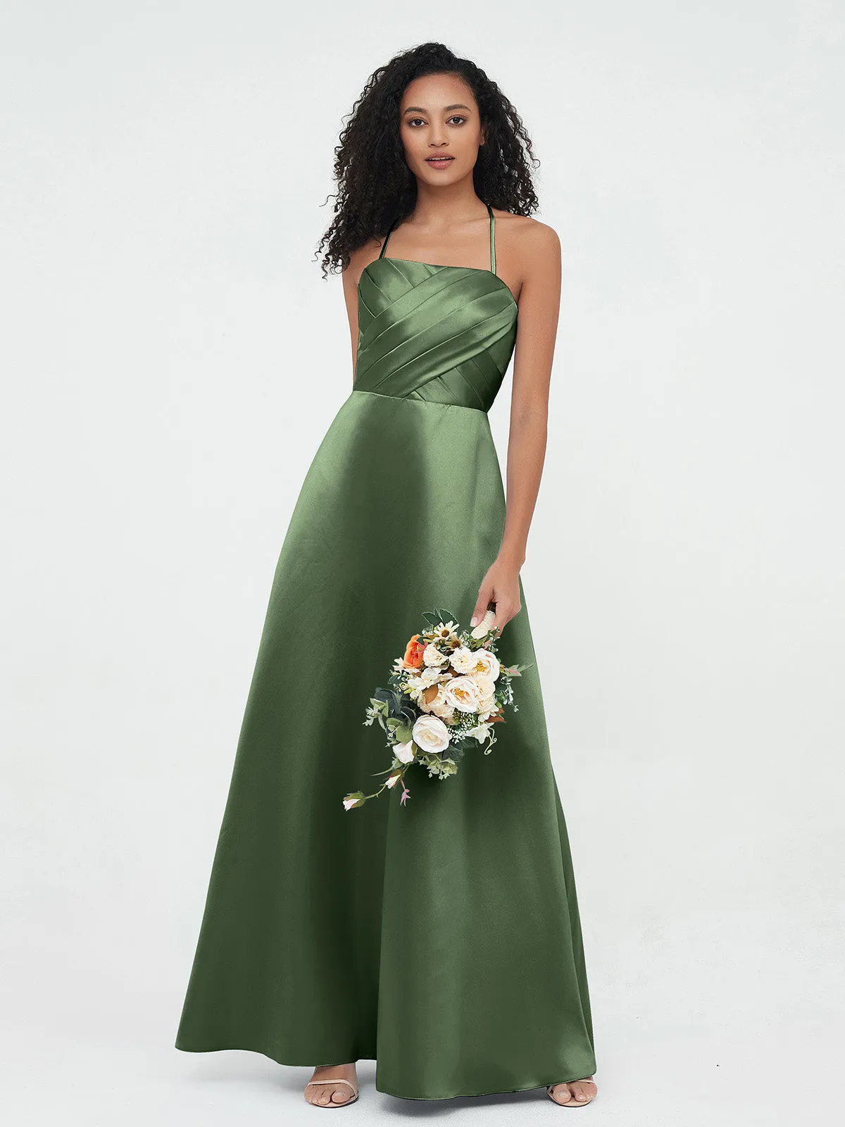 Olive Green Satin Spaghetti Strap Pleated Bodice Dresses
