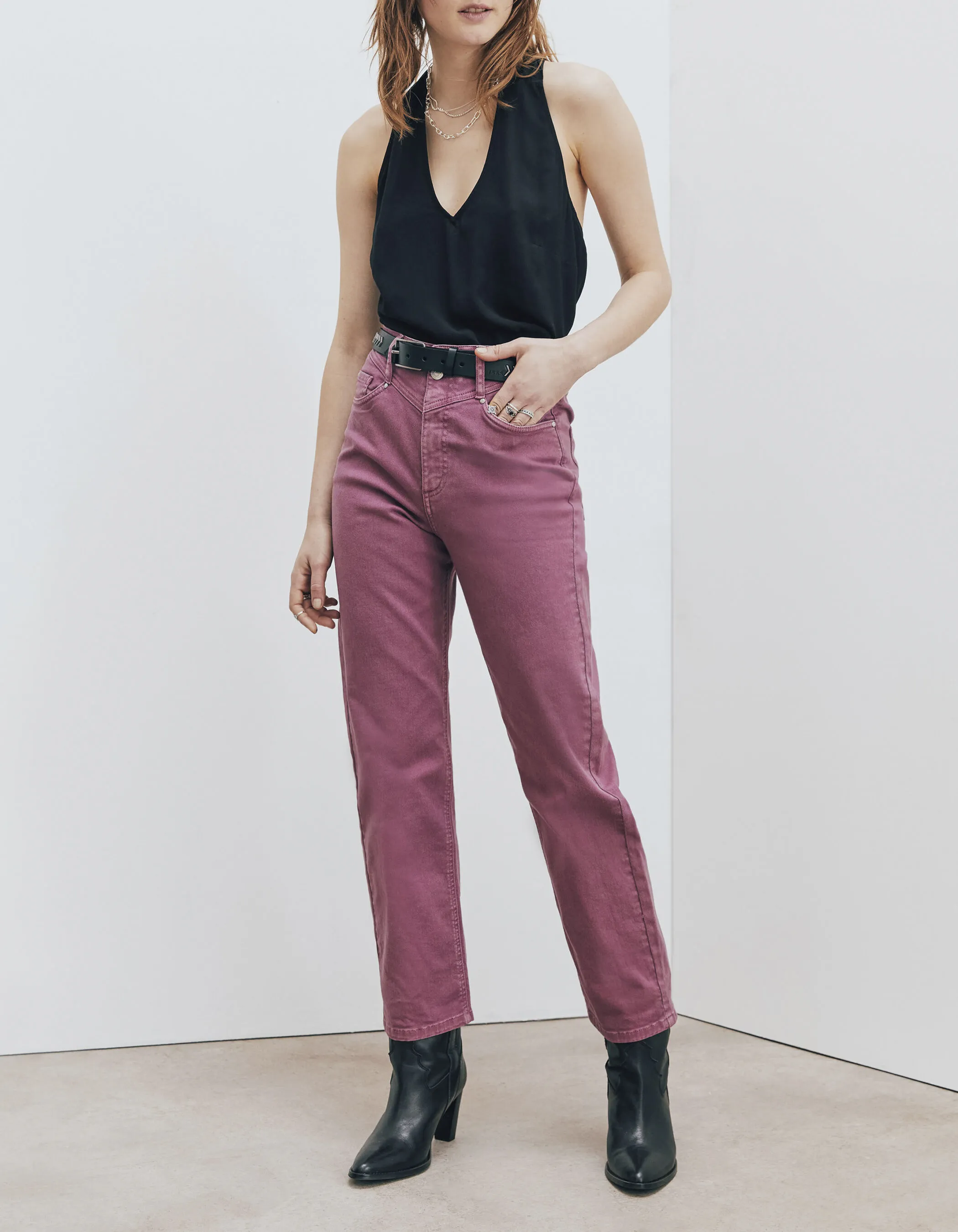 Organic cotton hibiscus mid waist cropped jeans for women.