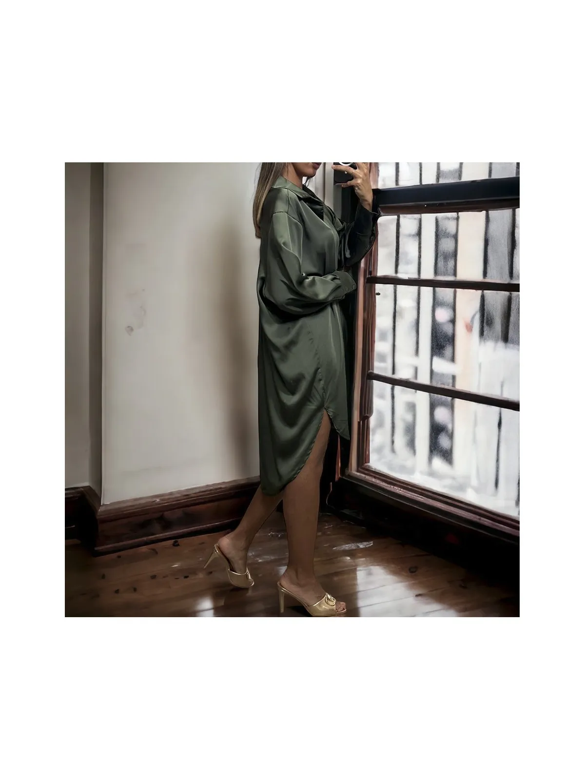 Oversized Satin Khaki Shirt Up to Size 50