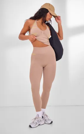 PLT Sport Coffee High Waisted Seamless Legging with Light Latte Contrast Slogan