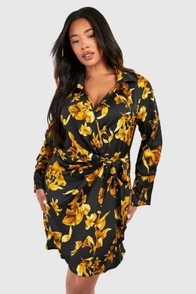 Plus size - Satin floral shirt dress