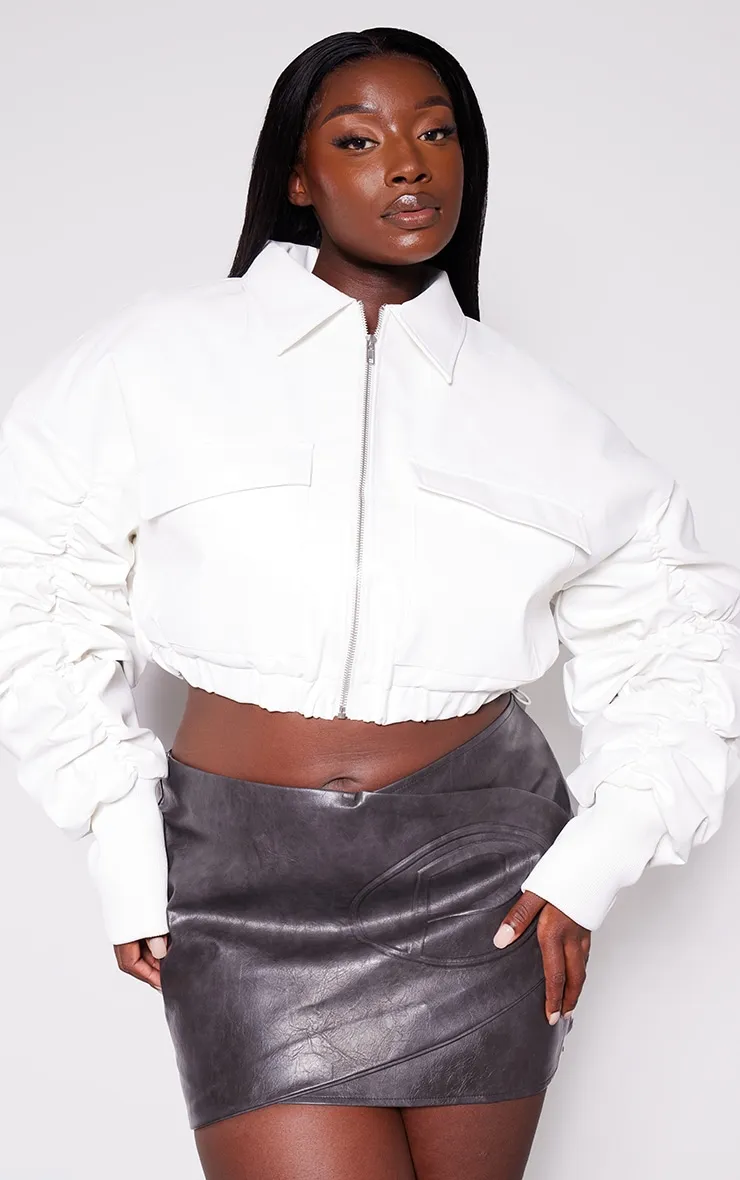 Short White PU Bomber Jacket with Ruched Sleeves
