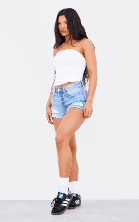 PRETTYLITTLETHING Blue Distressed Mid-Rise Basic Denim Shorts