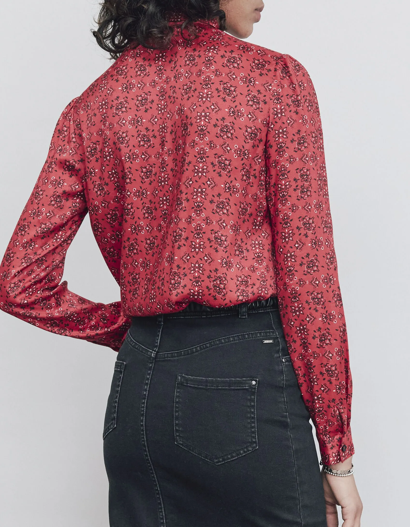 Red bandana print women's viscose shirt.
