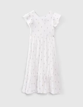 Off-White Long Dress with Lurex Thread Embroidery for Girls