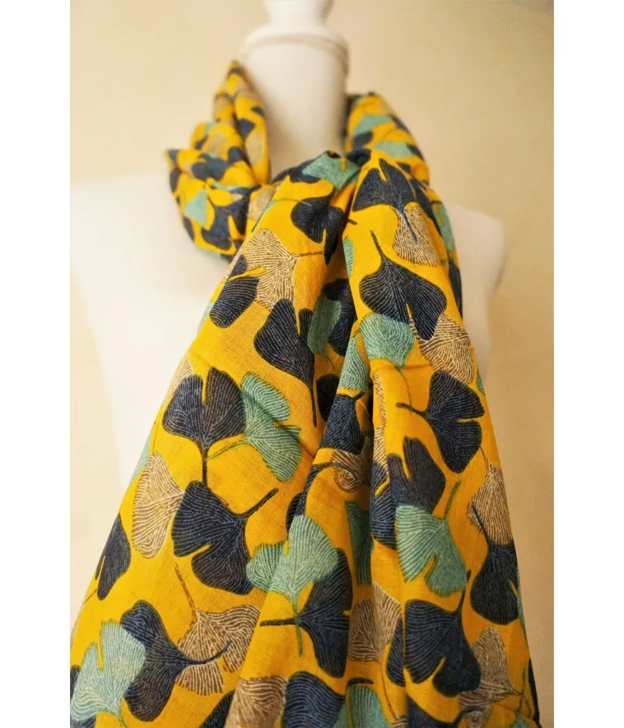SANTAIA Cotton Women's Fashion Scarf Yellow and Blue Ginkgo Leaf