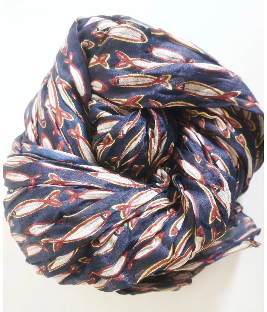 Santaia Scarf Sardines Pescary Fabric Navy Fish Beige Brown Yellow