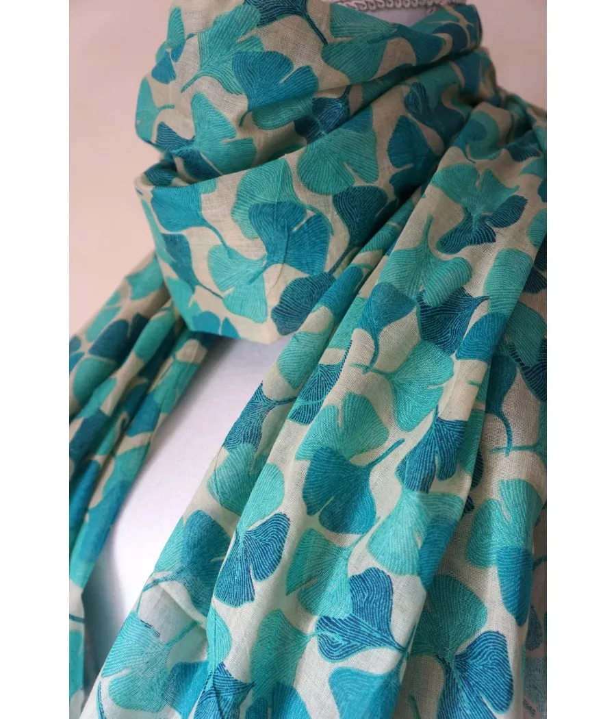 Santaia Women's Cotton Turquoise Ginkgo Leaves Nature Boho Scarf