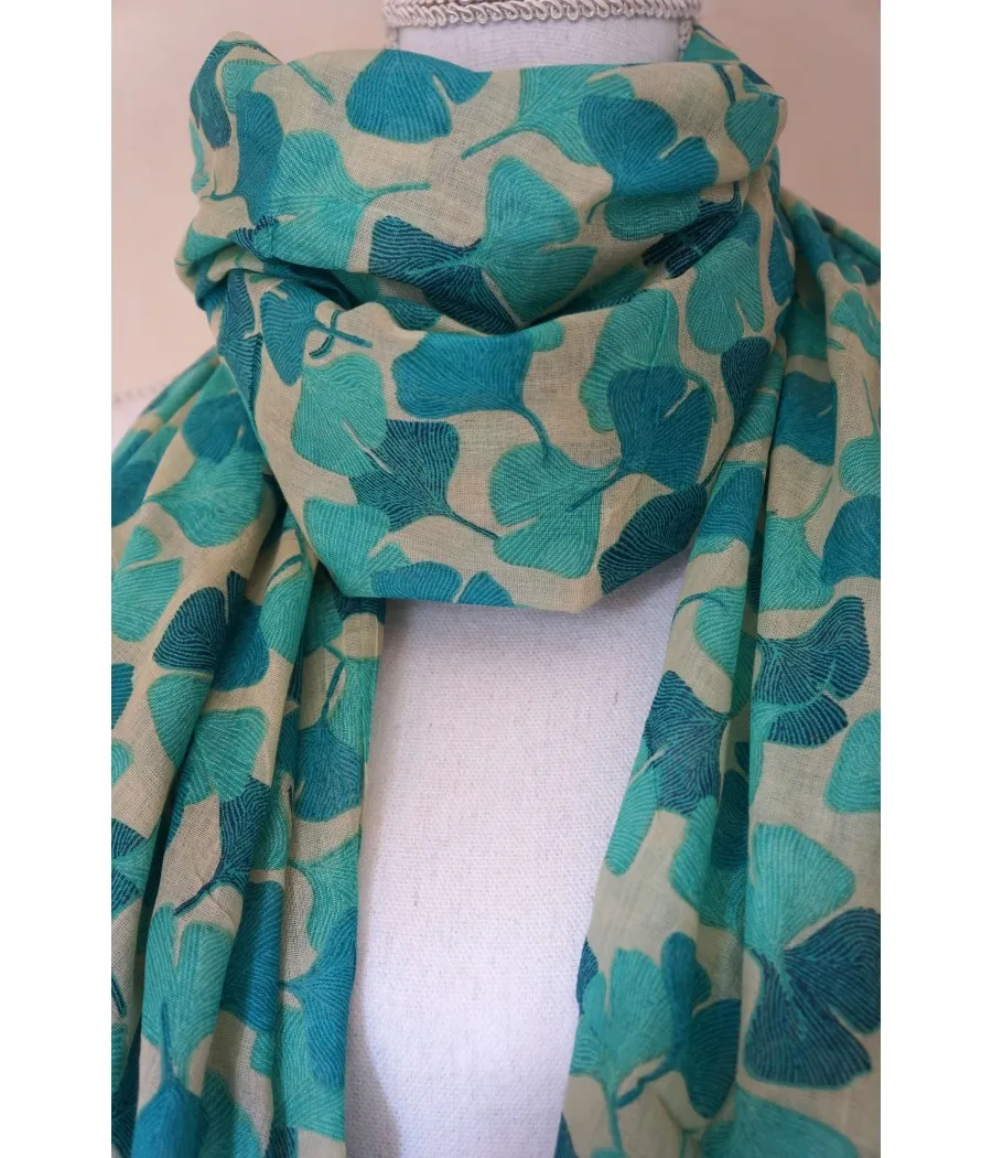 Santaia Women's Cotton Turquoise Ginkgo Leaves Nature Boho Scarf