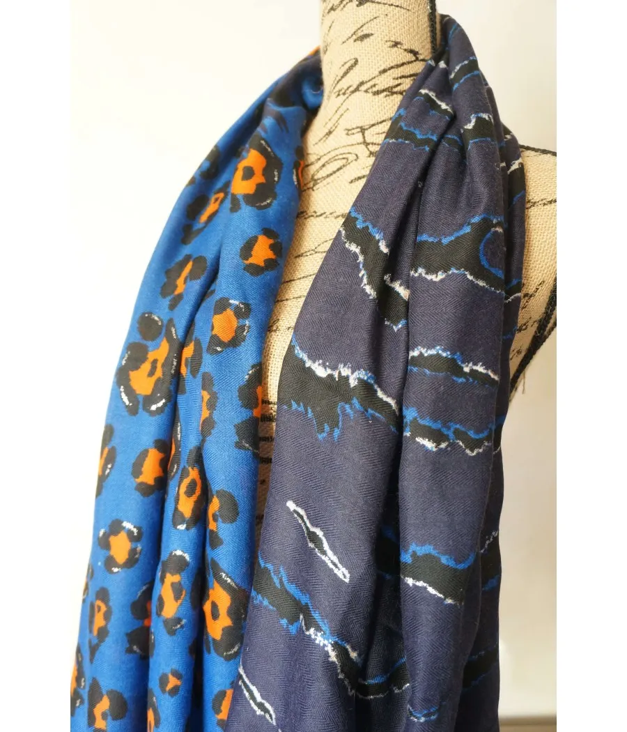 SANTAÏA warm leopard striped zebra blue navy brick silver scarf