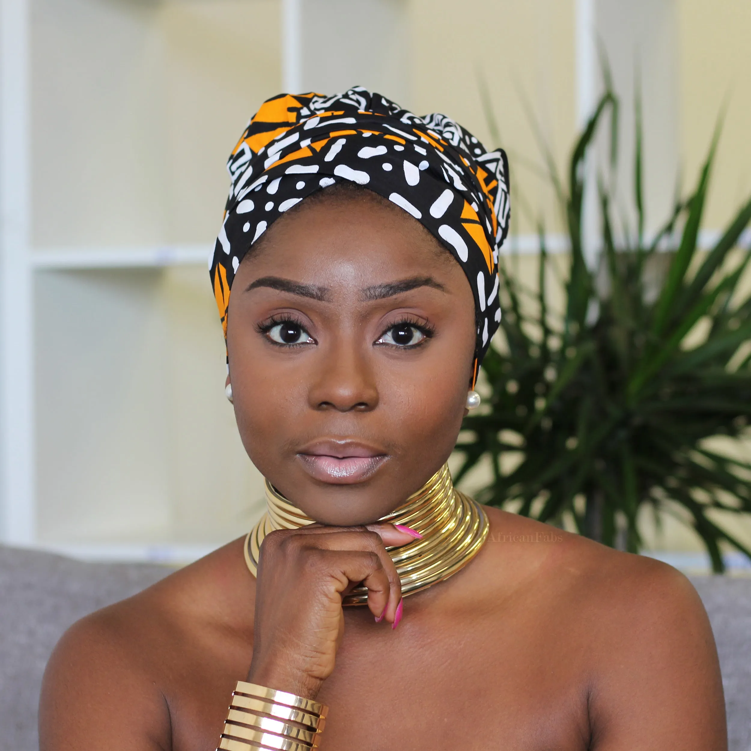 Satiny Black/Orange Amaka Turban Headscarf