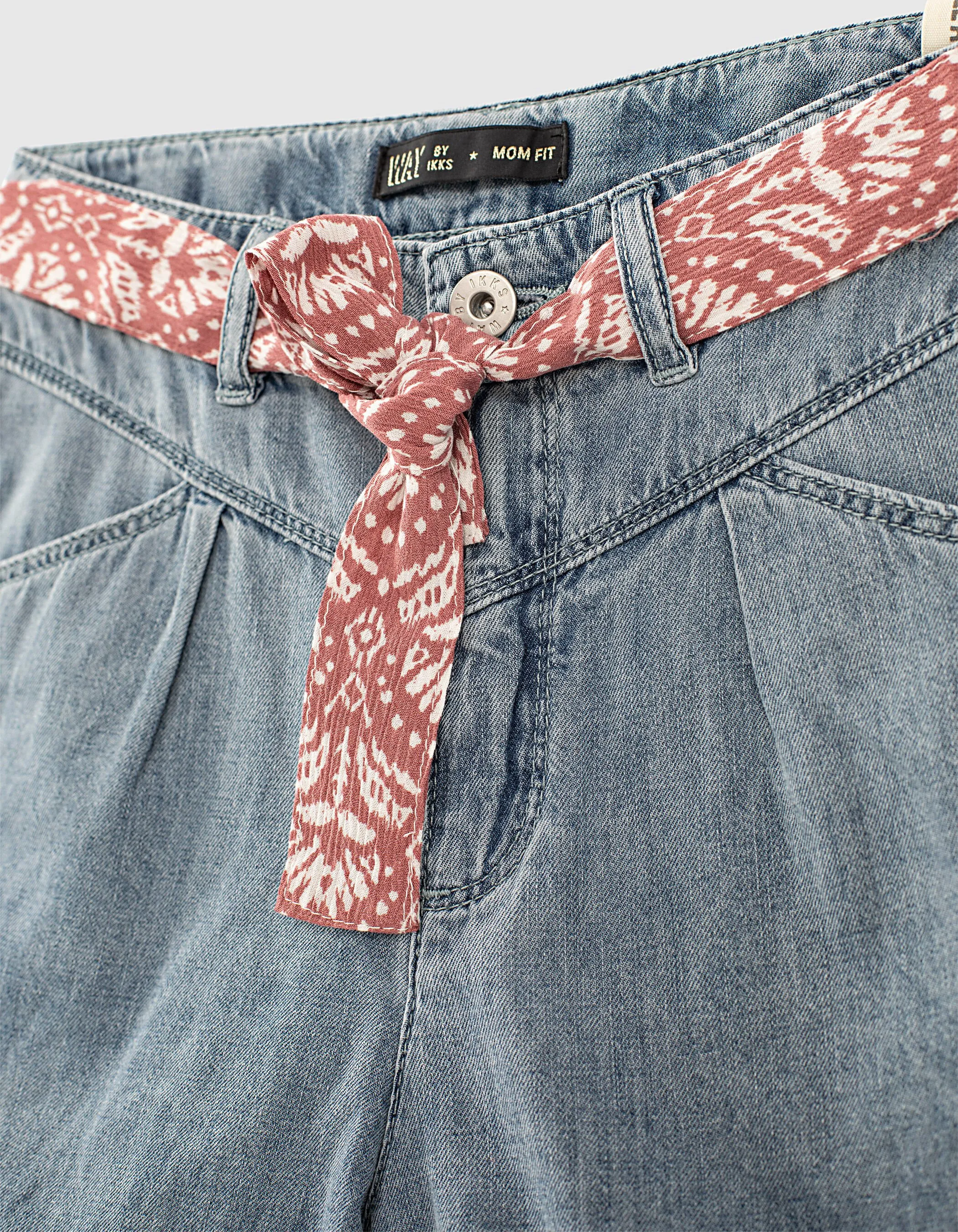 Short blue mother-daughter matching set with belt-scarf.