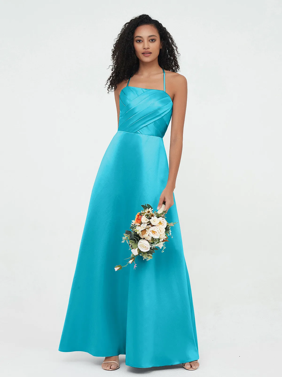 Spaghetti Strap Pleated Satin Jade Dresses