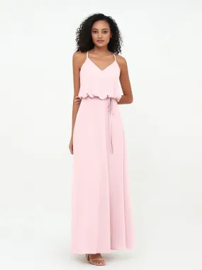 Spaghetti Strap V-Neck Chiffon Pale Pink Dresses