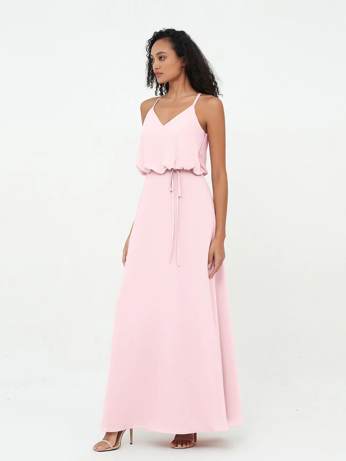 Spaghetti Strap V-Neck Chiffon Pale Pink Dresses