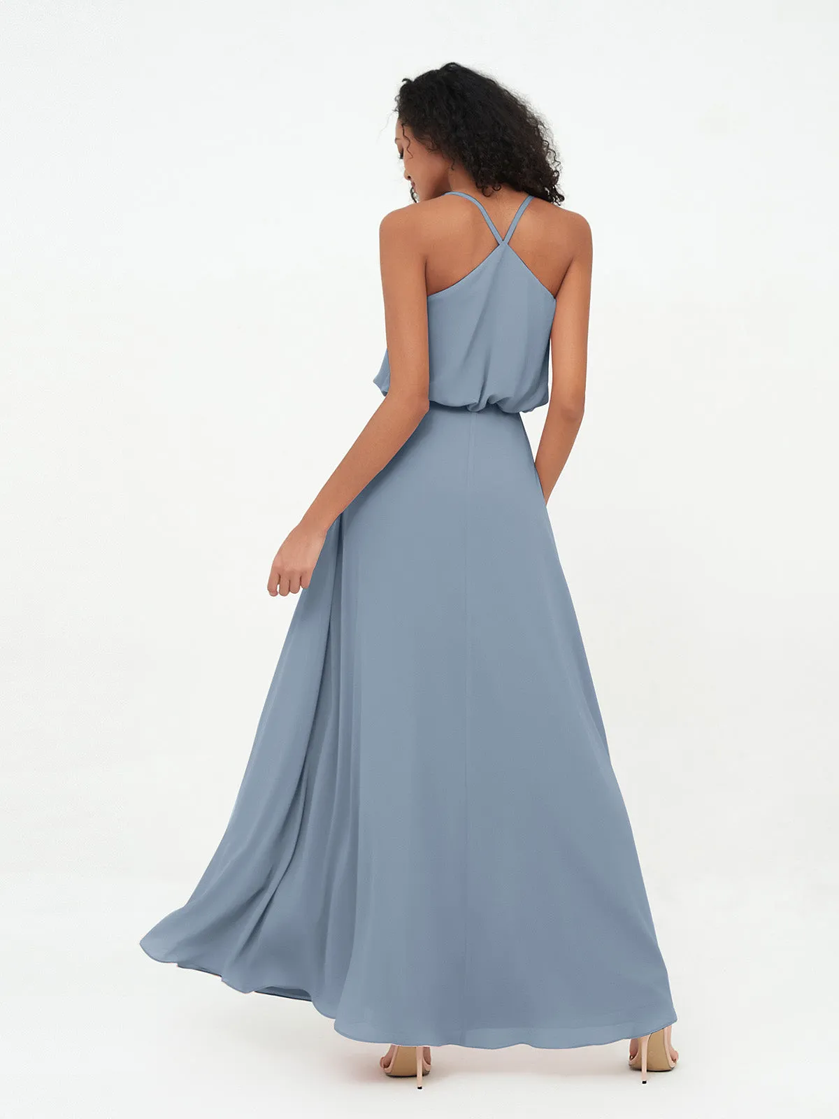 Spaghetti Strap V-Neck Powder Blue Chiffon Dresses