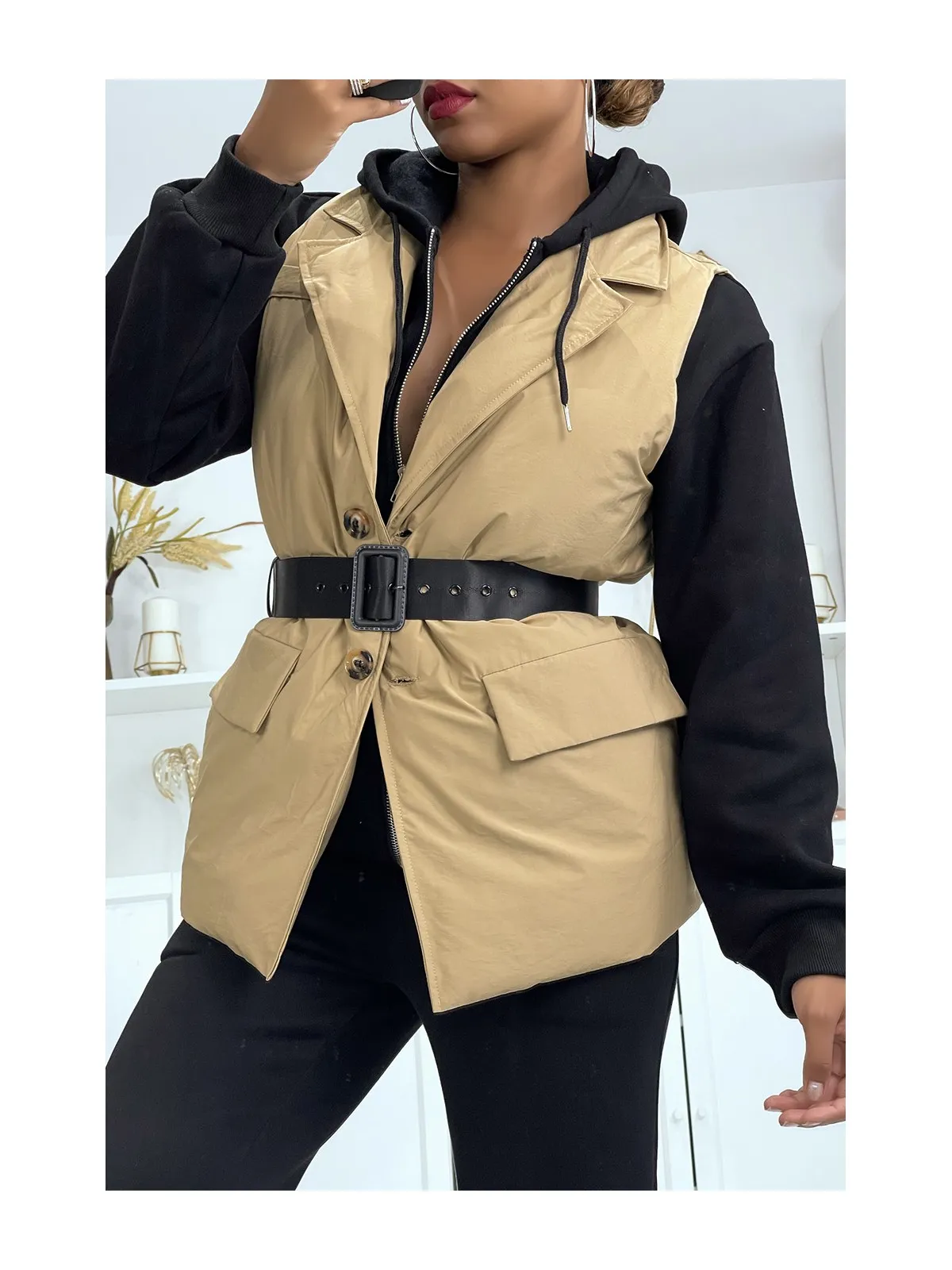 Taupe padded sleeveless vest with belt