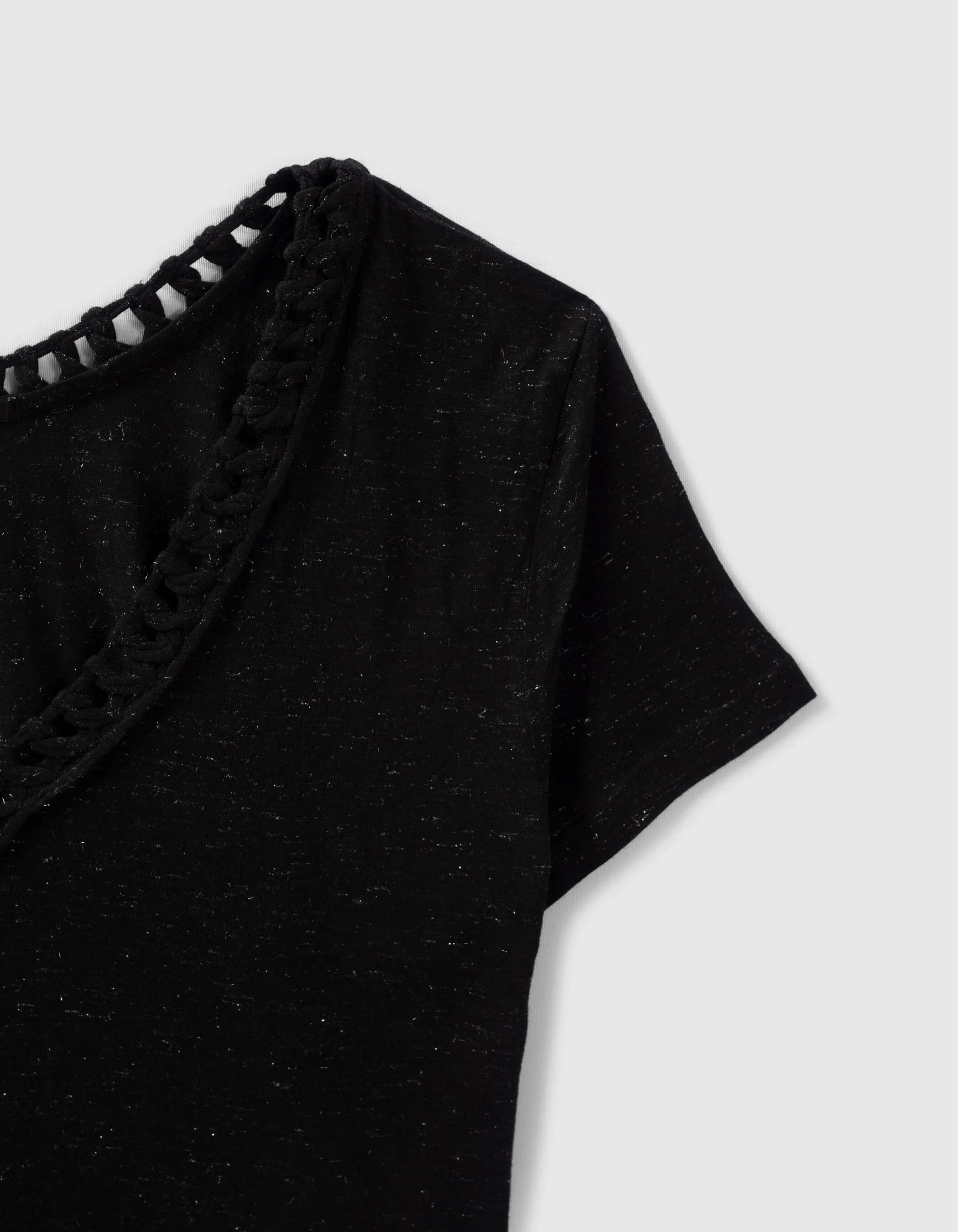 Reversible Black Lurex V-Neck Tee with Braided Detail Women's