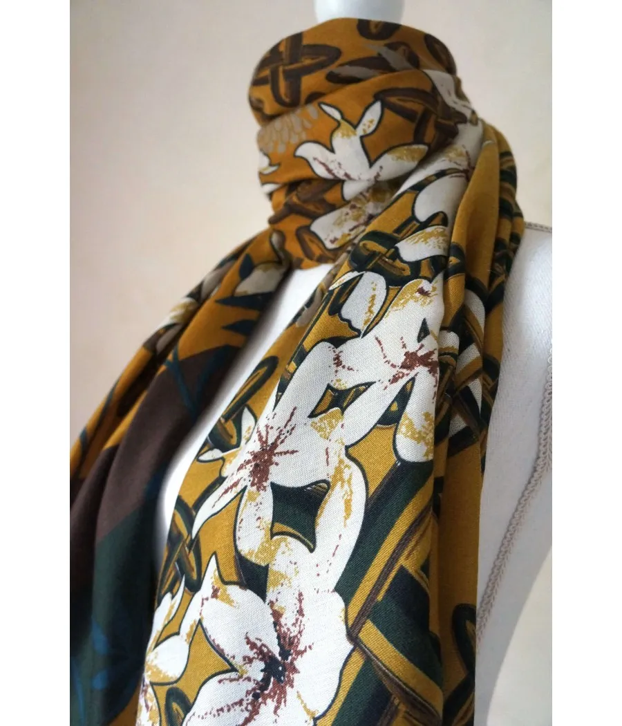 Yellow Peony Geometric Floral Scarf by Santaïa